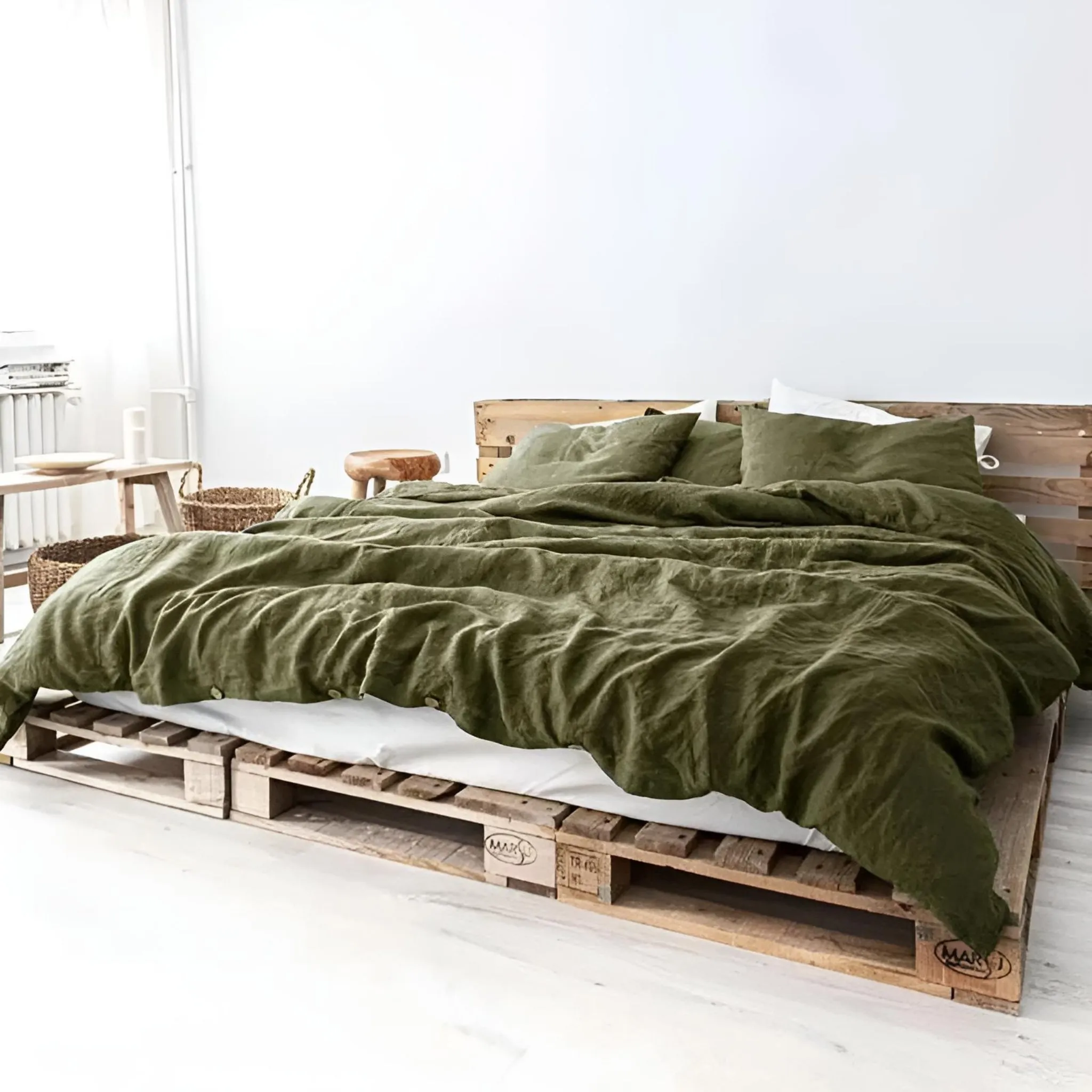 Olive Green Linen Bedding Set