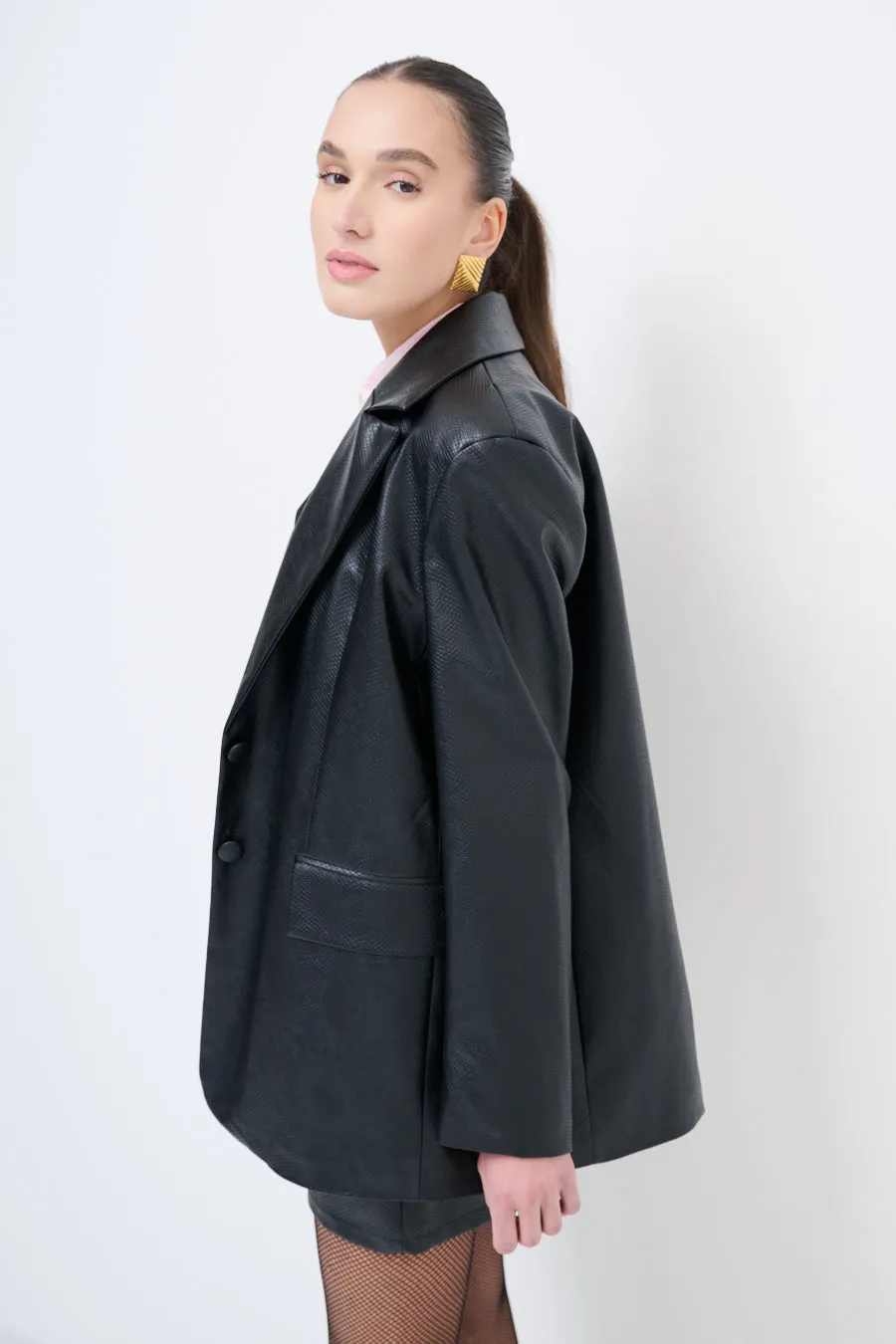 Oversized faux leather blazer with structured design wholesale