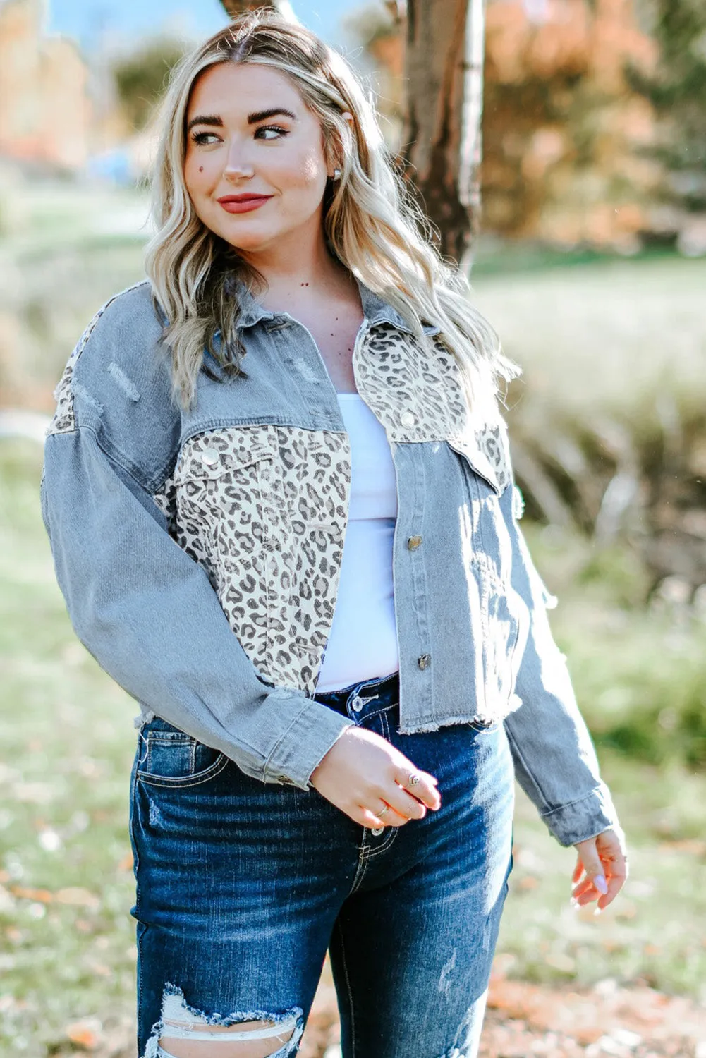 Plus Size Leopard Cropped Denim Jacket