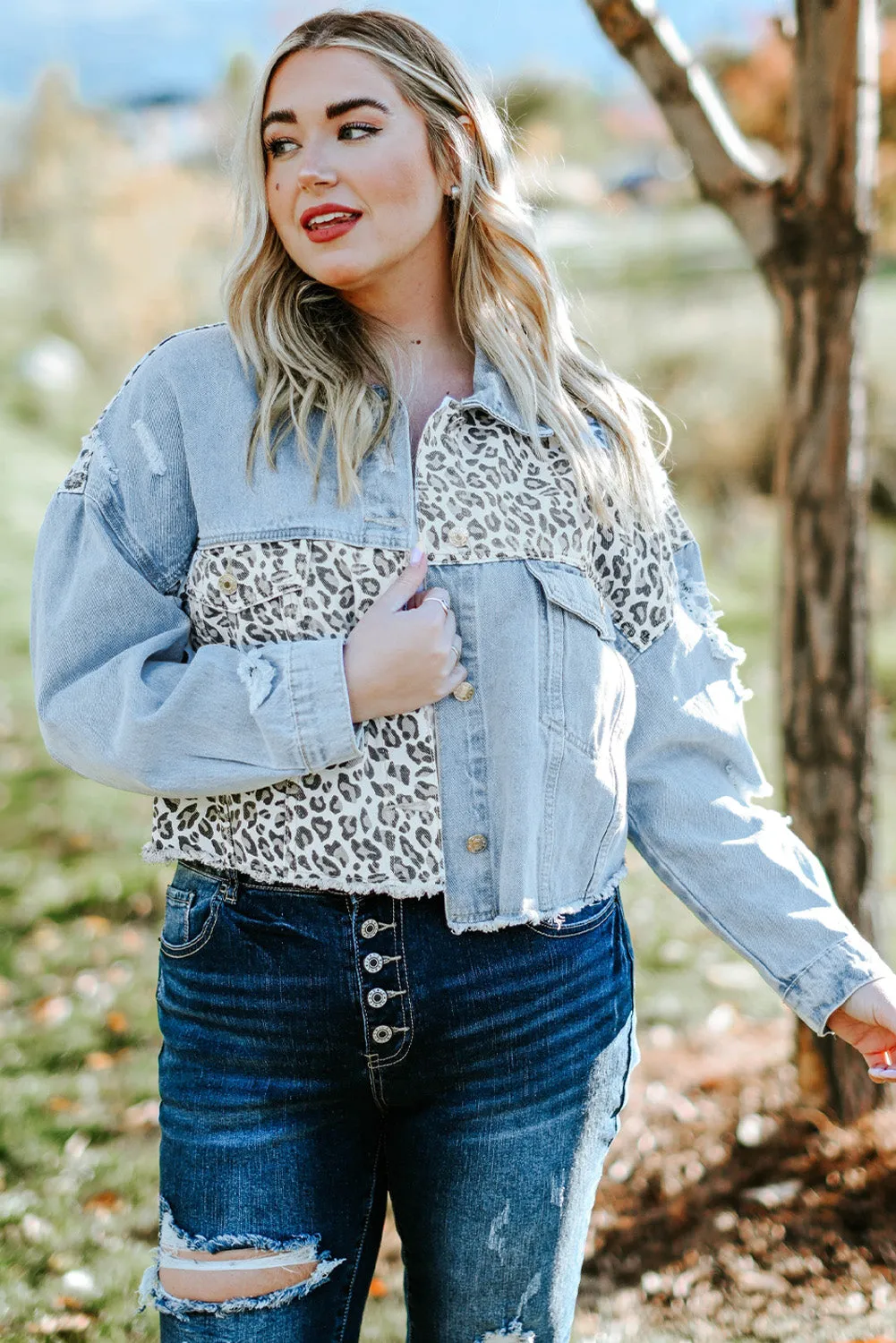 Plus Size Leopard Cropped Denim Jacket