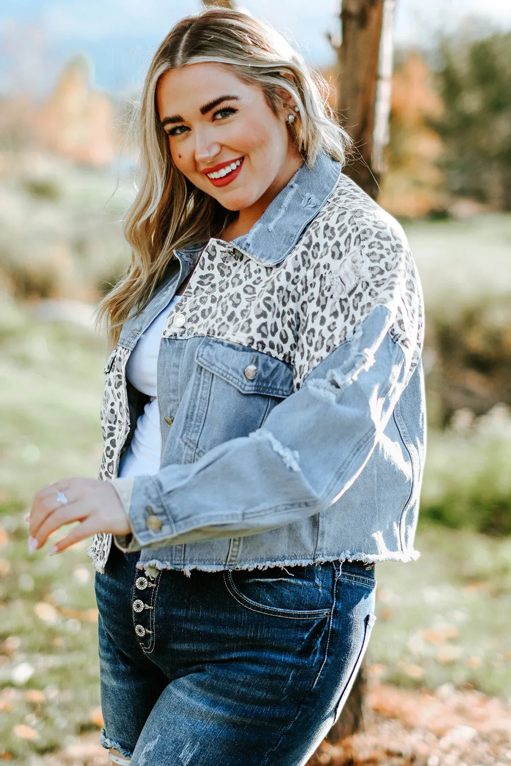 Plus Size Leopard Cropped Denim Jacket