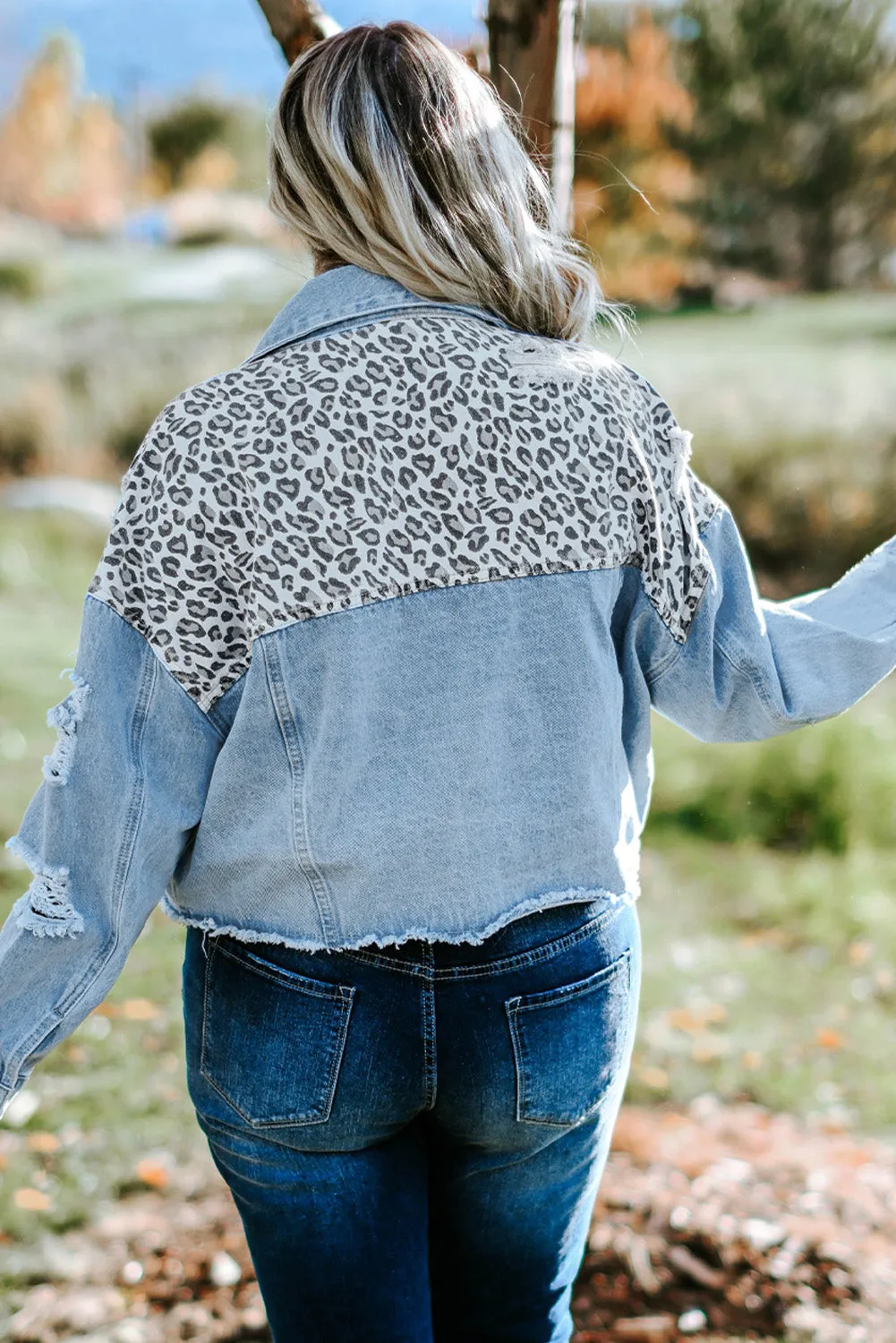 Plus Size Leopard Cropped Denim Jacket