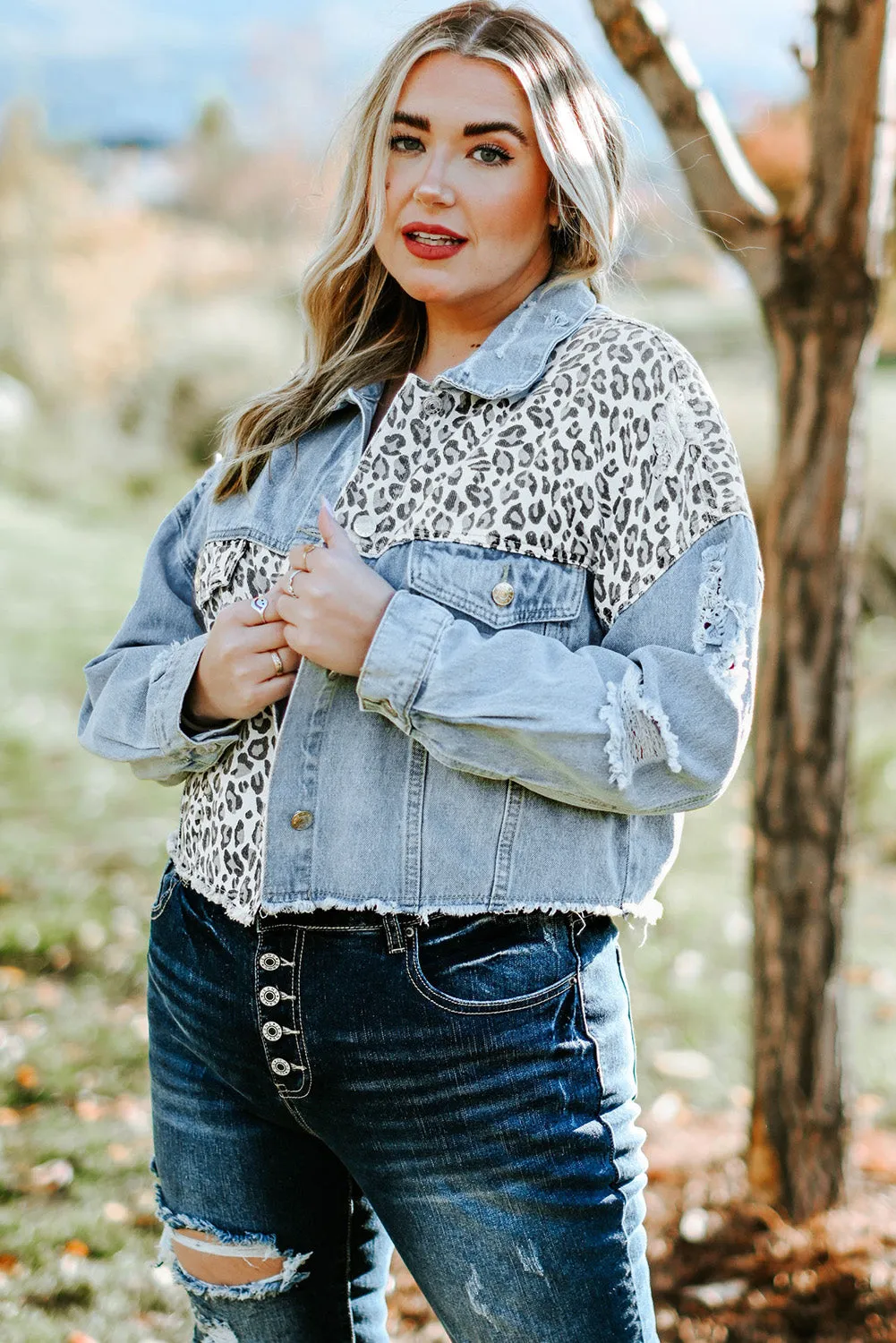 Plus Size Leopard Cropped Denim Jacket