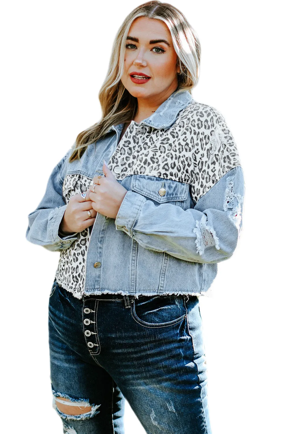 Plus Size Leopard Cropped Denim Jacket