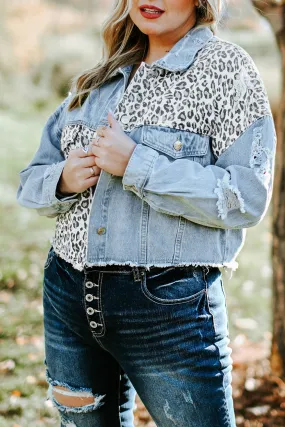 Plus Size Leopard Cropped Denim Jacket