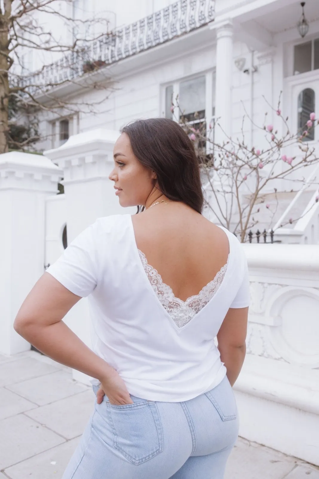 "The Marykate"- Lace Back Detail V-neck T-shirt (White)