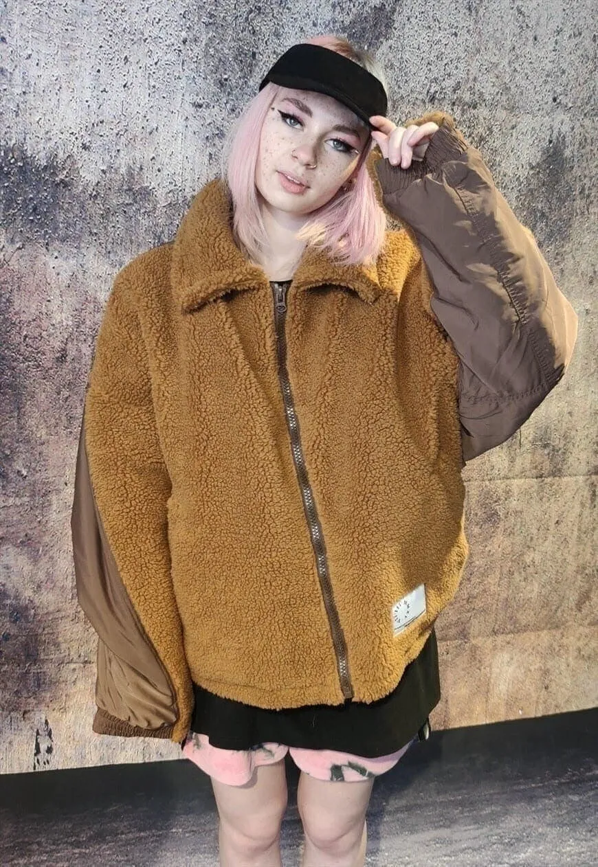 Reworked fleece jacket contrast stitch bomber jacket brown