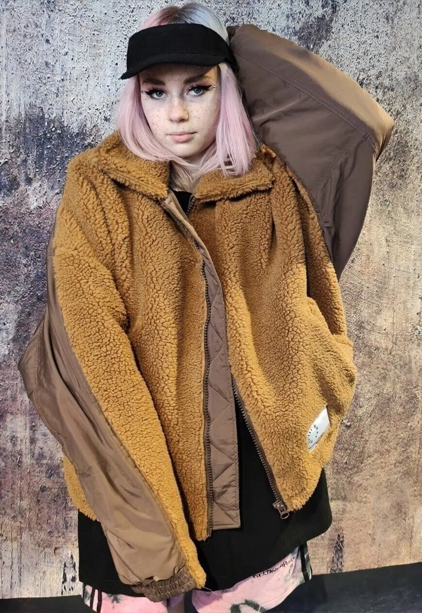 Reworked fleece jacket contrast stitch bomber jacket brown