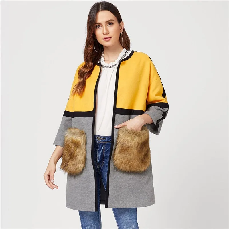 SHEIN Open Front Colorblock Elegant Long Faux Fur Coat Women 2018 Casual Streetwear Ladies Outwear Office Warm Winter Coats