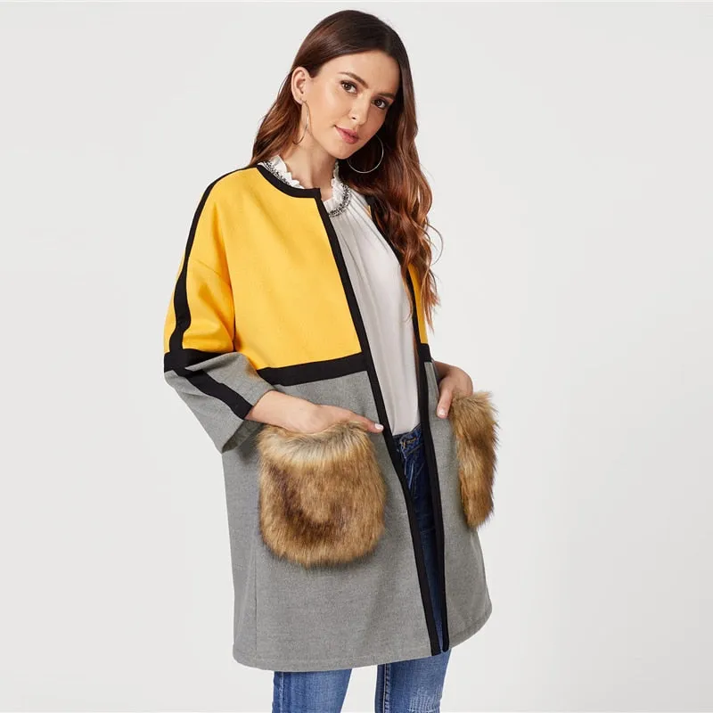 SHEIN Open Front Colorblock Elegant Long Faux Fur Coat Women 2018 Casual Streetwear Ladies Outwear Office Warm Winter Coats