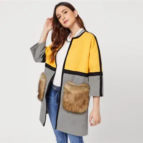 SHEIN Open Front Colorblock Elegant Long Faux Fur Coat Women 2018 Casual Streetwear Ladies Outwear Office Warm Winter Coats