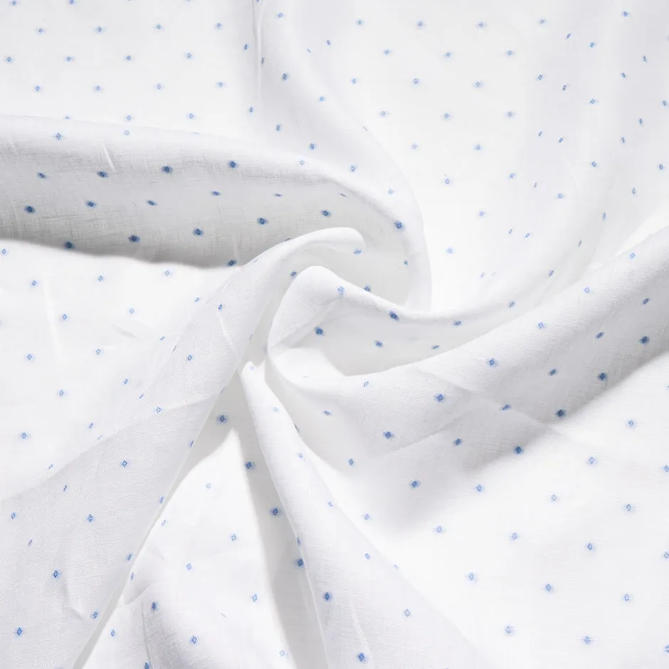 Sky Blue Spotted White Pure Linen Shirting