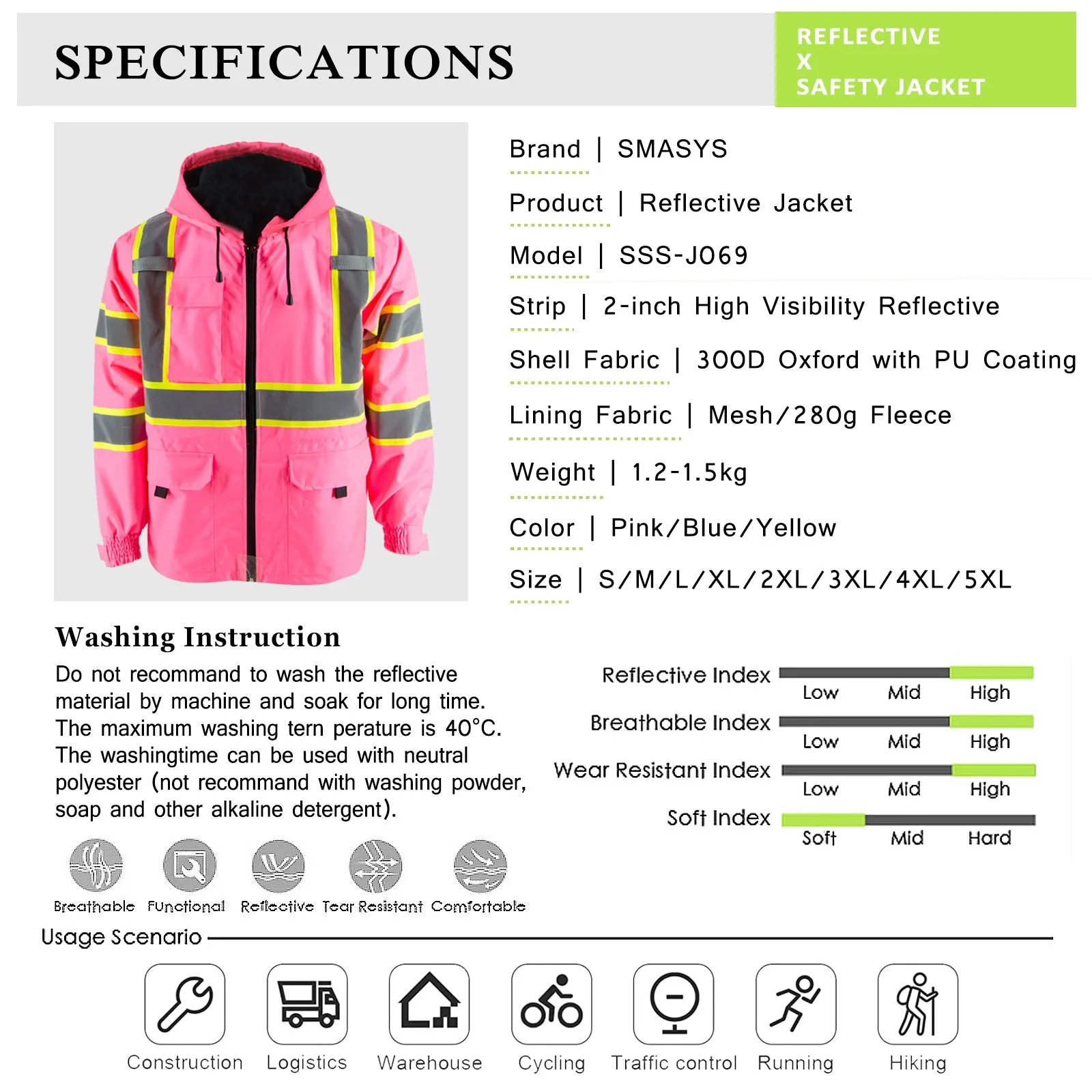 SMASYS Pink High Visibility Winter Safety Jackets for Women Construction Jackets for Men Mesh Fleece Inside