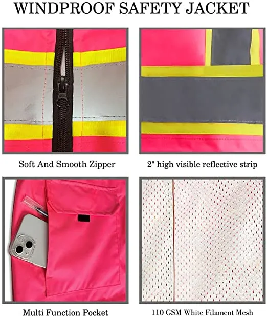 SMASYS Pink High Visibility Winter Safety Jackets for Women Construction Jackets for Men Mesh Fleece Inside