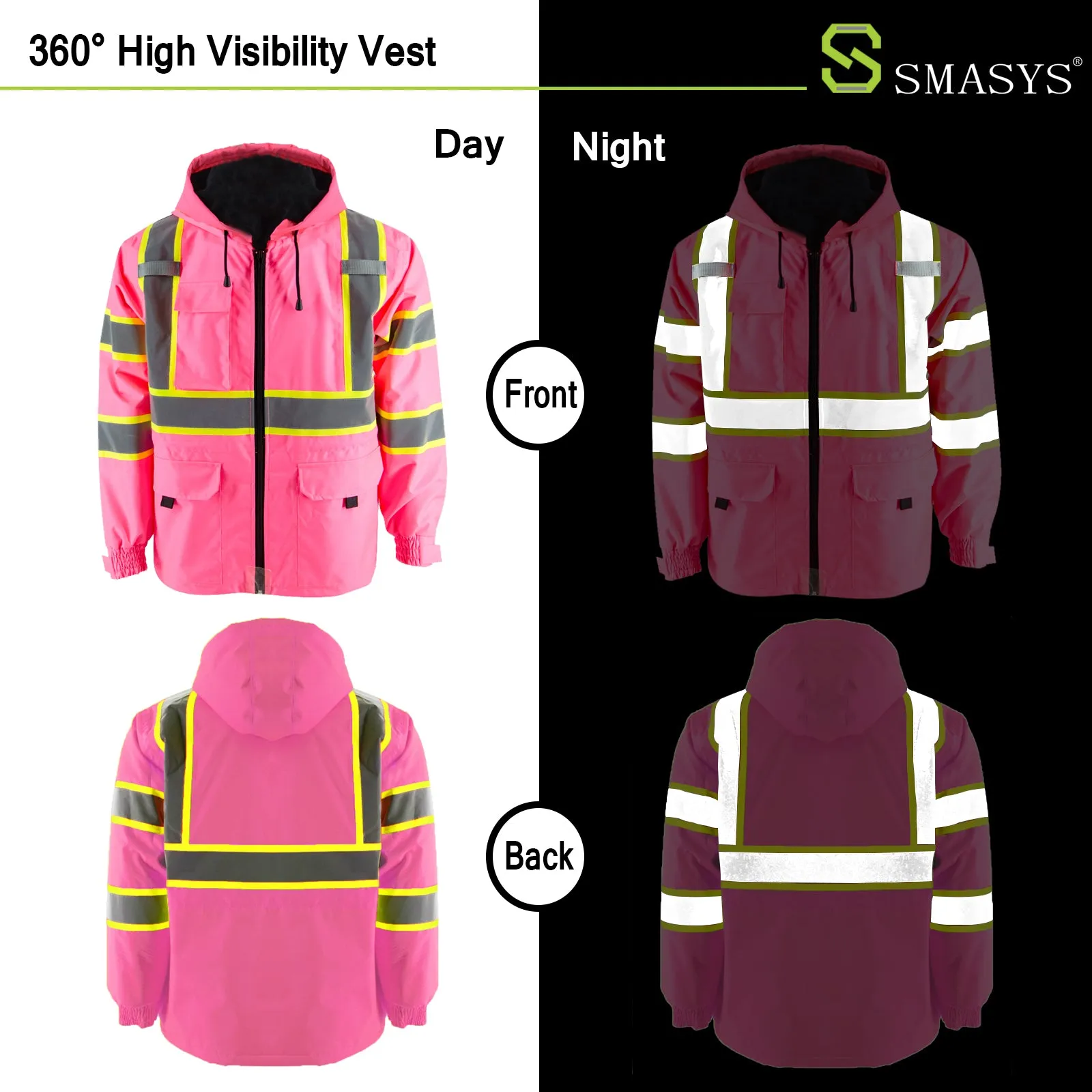 SMASYS Pink High Visibility Winter Safety Jackets for Women Construction Jackets for Men Mesh Fleece Inside