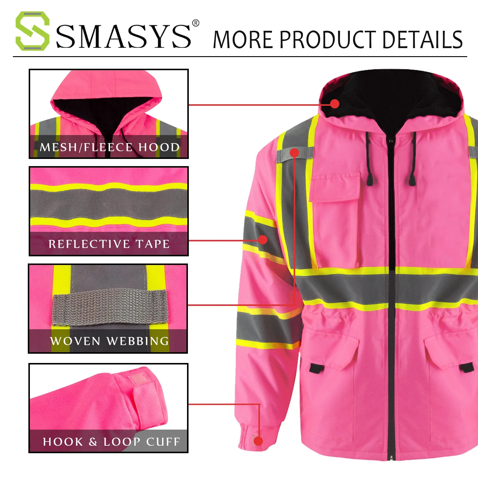 SMASYS Pink High Visibility Winter Safety Jackets for Women Construction Jackets for Men Mesh Fleece Inside