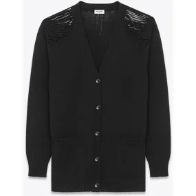 sz M NEW $1190 SAINT LAURENT Men's Black Cotton Oversized GRUNGE V-neck CARDIGAN