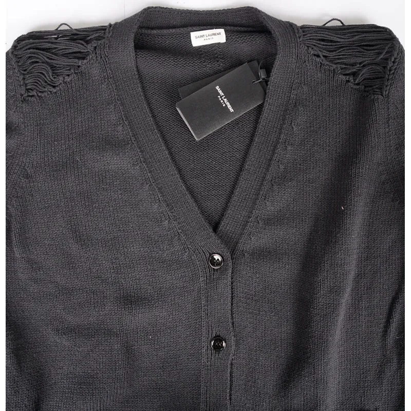 sz M NEW $1190 SAINT LAURENT Men's Black Cotton Oversized GRUNGE V-neck CARDIGAN