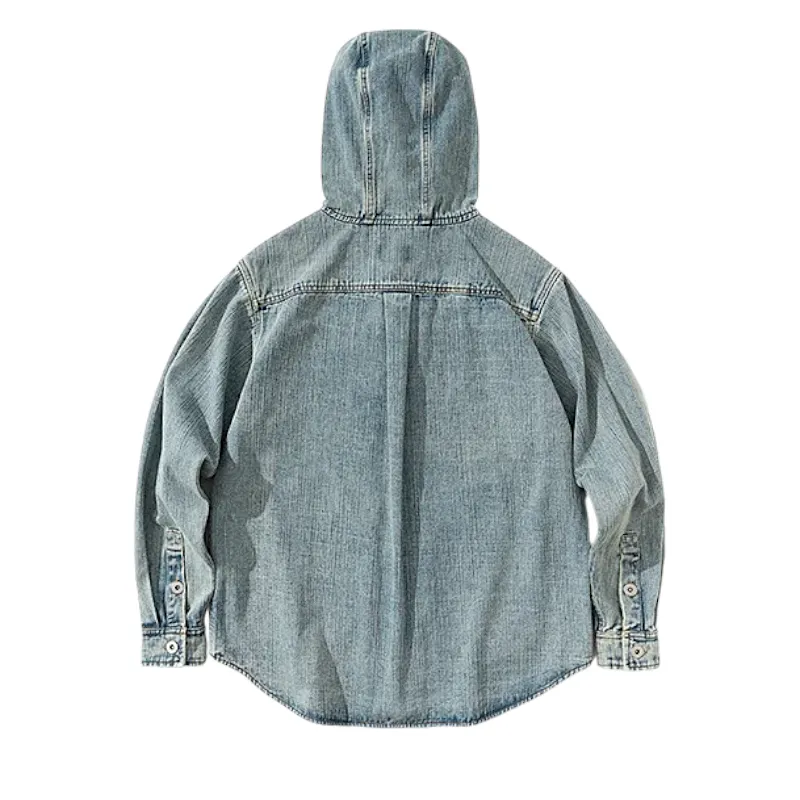 Washed denim jean jacket with hood