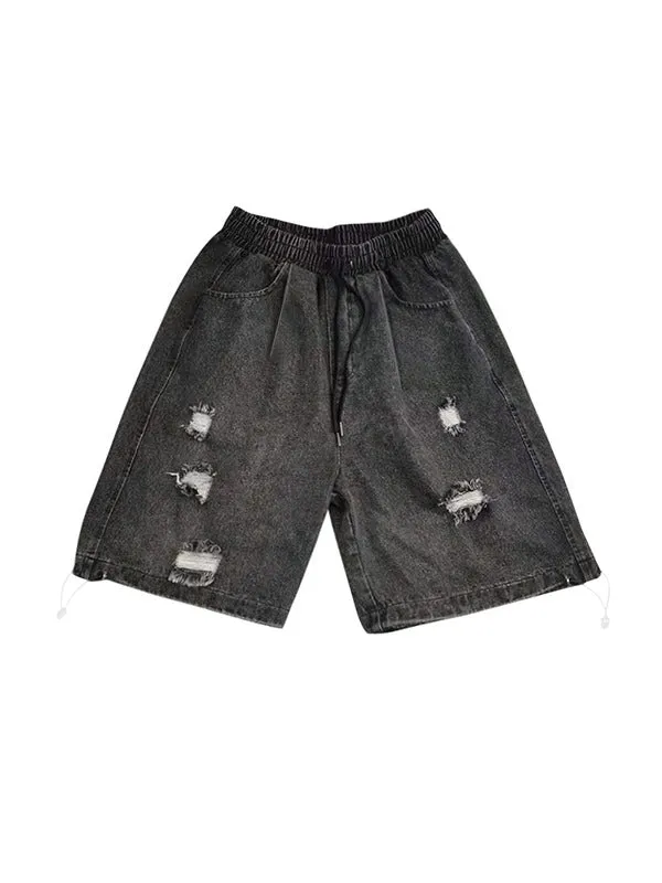 Wenkouban Black hip hop washed skate denim shorts in distressed look