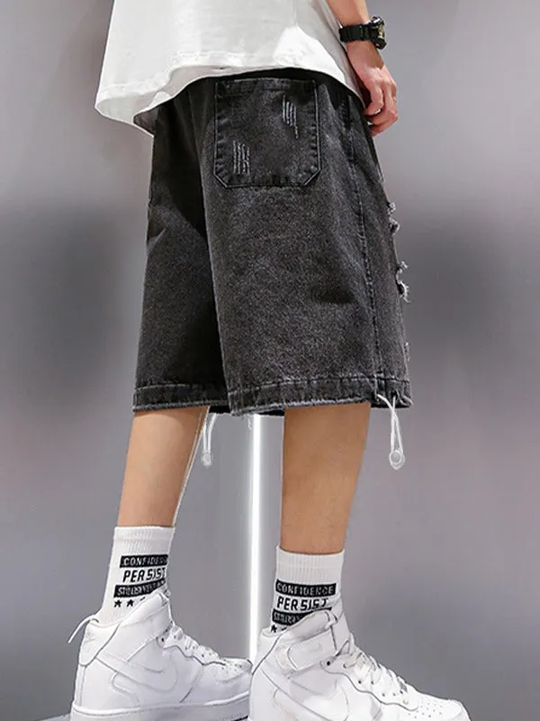 Wenkouban Black hip hop washed skate denim shorts in distressed look