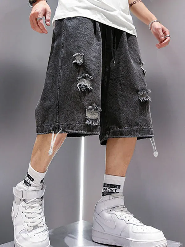 Wenkouban Black hip hop washed skate denim shorts in distressed look