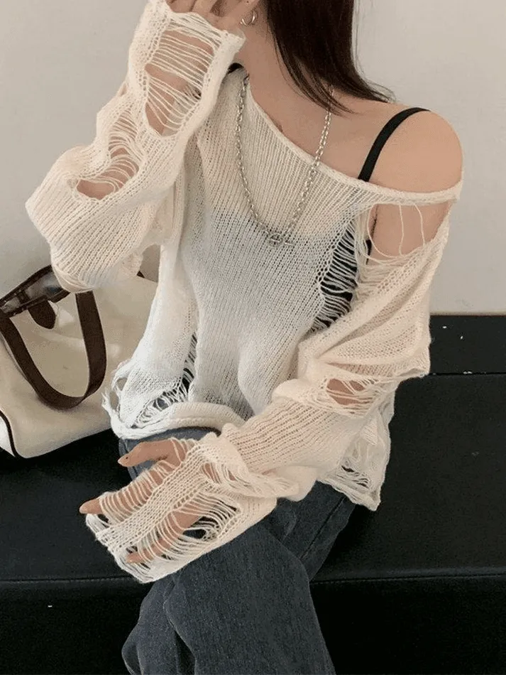 Wenkouban-Spring Casual Outfits Y2K Outfits White Long Sleeve Distressed Knit Top