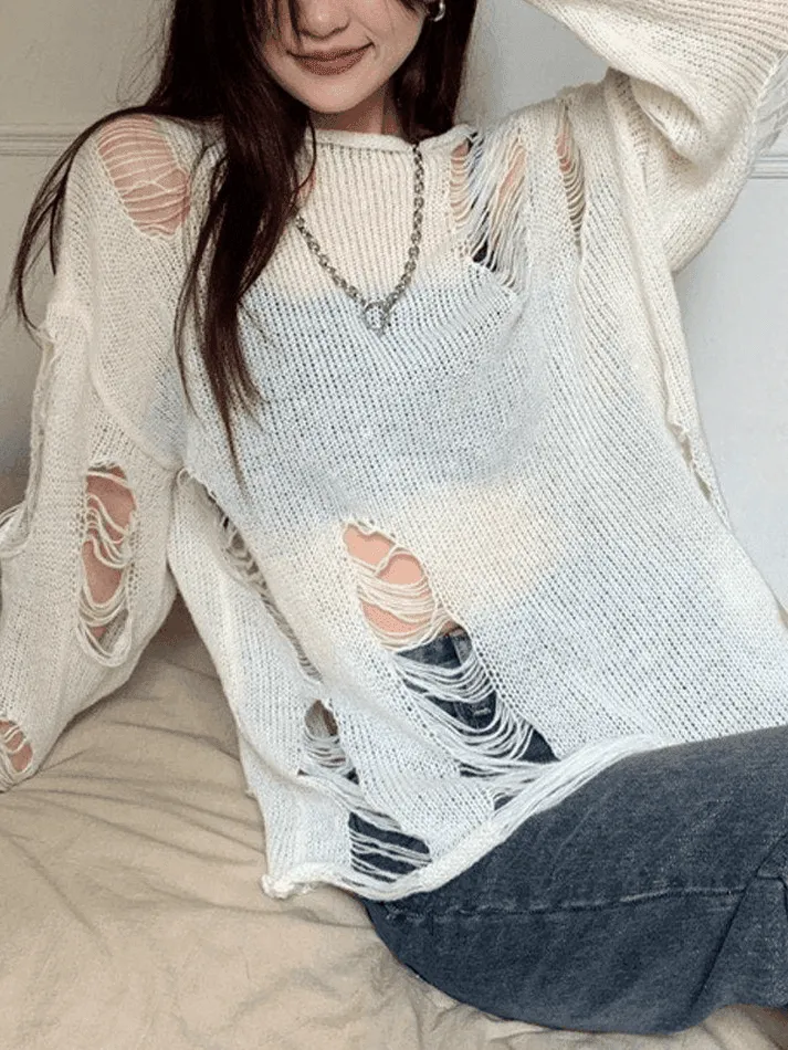 Wenkouban-Spring Casual Outfits Y2K Outfits White Long Sleeve Distressed Knit Top