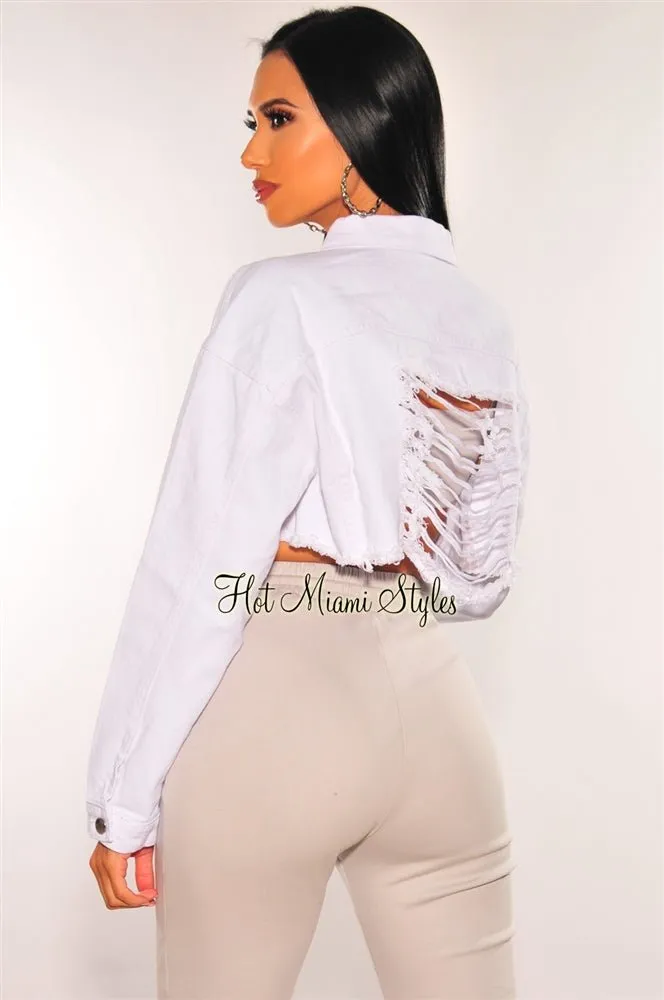 White Denim Long Sleeve Destroyed Back Cropped Jacket