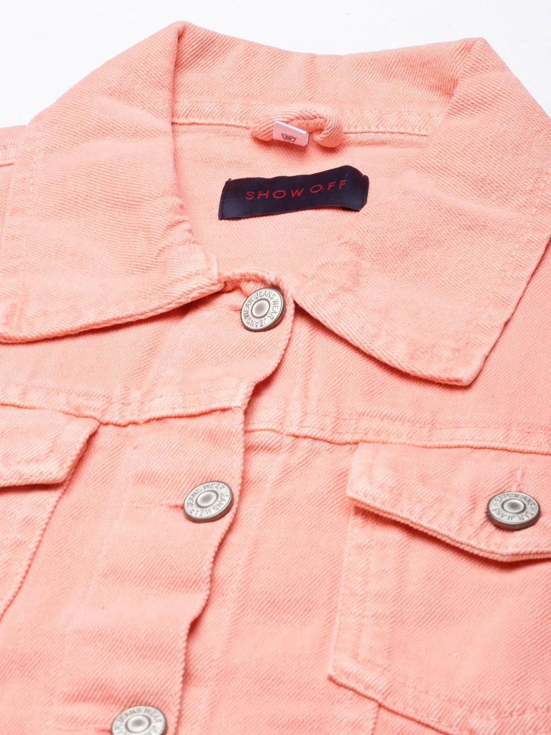 Women Peach Solid Denim Jacket