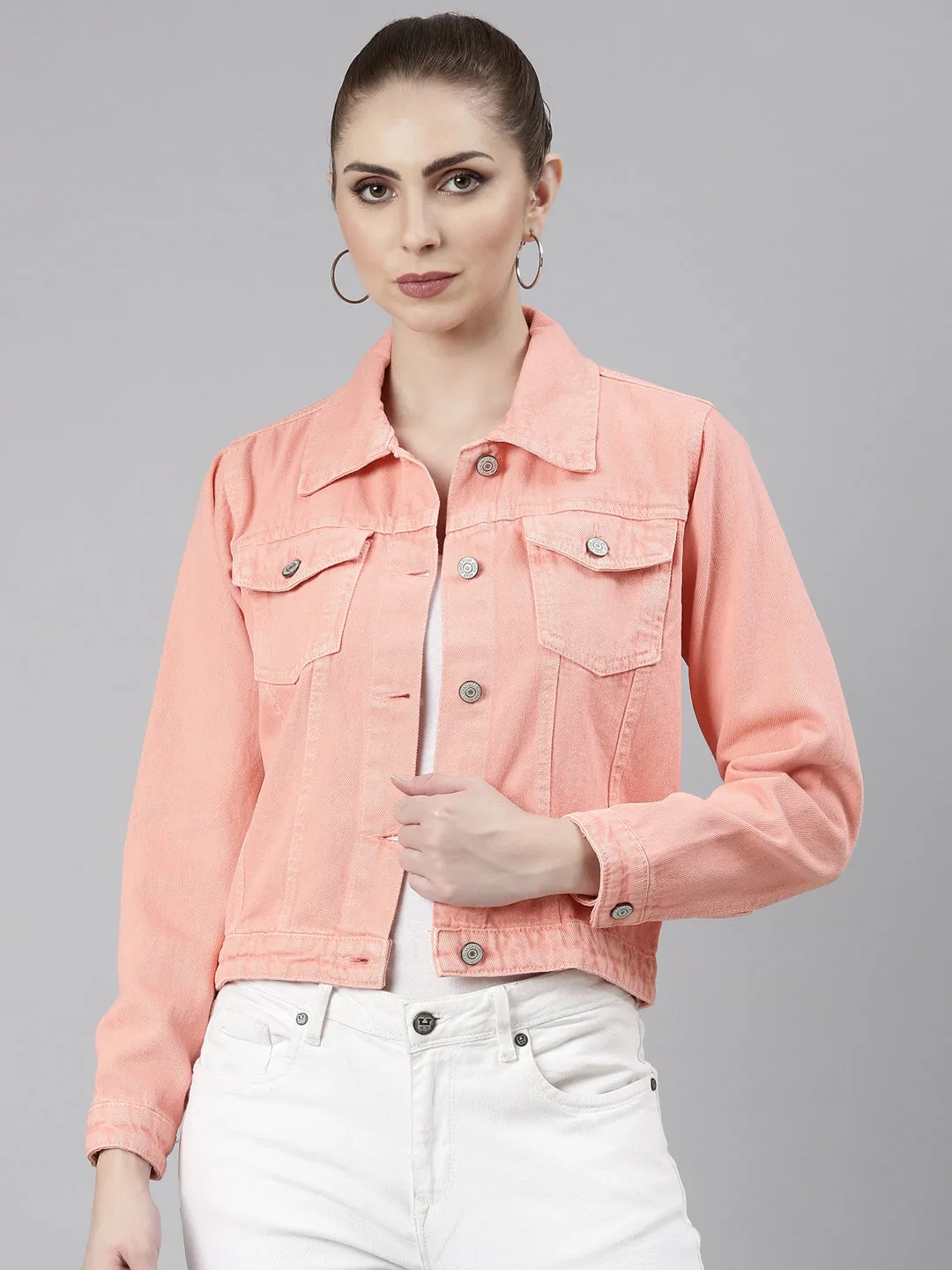 Women Peach Solid Denim Jacket