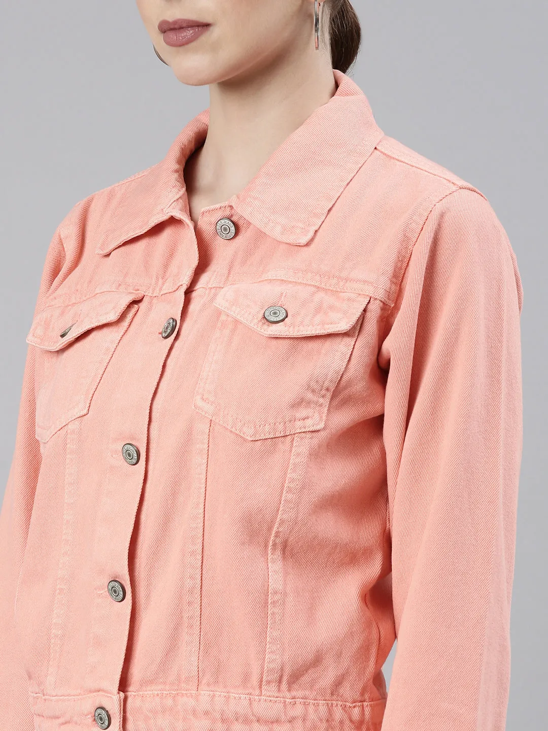 Women Peach Solid Denim Jacket