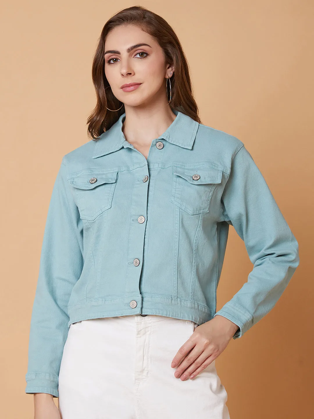 Women Sea Green Denim Jacket