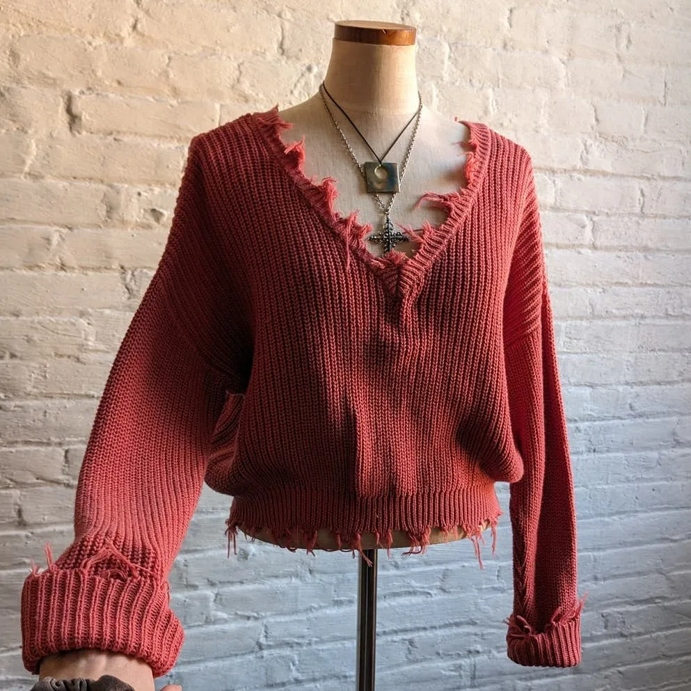 Y2K Vintage Chunky Knit Pink Cropped Sweater Distressed Slouchy Indie Sleaze Top