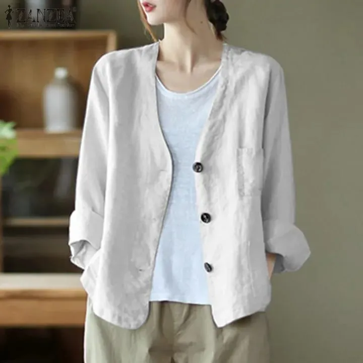 ZANZEA Fashion Women V Neck Long Sleeve Blazer Autumn Casual Buttons Down Outwear Casual Solid Cardigan Vintage Thin Coats L S4783619